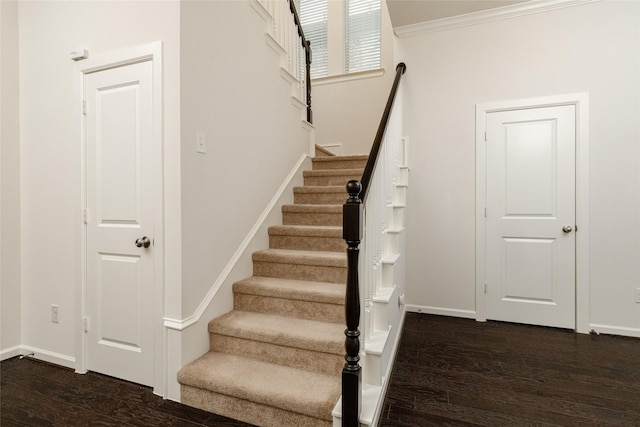 stairs featuring wood-type flooring and ornamental molding