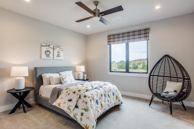 bedroom featuring carpet and ceiling fan