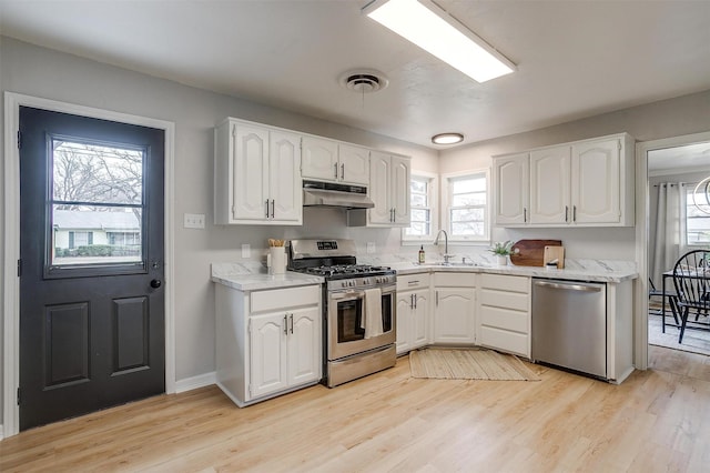 kitchen featuring stainless steel appliances, white cabinetry, sink, and light hardwood / wood-style flooring