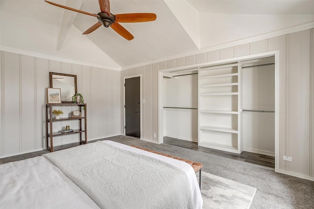 bedroom with lofted ceiling, ceiling fan, and a closet