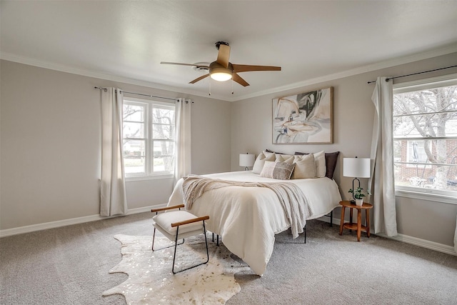 bedroom with ornamental molding, light carpet, and ceiling fan