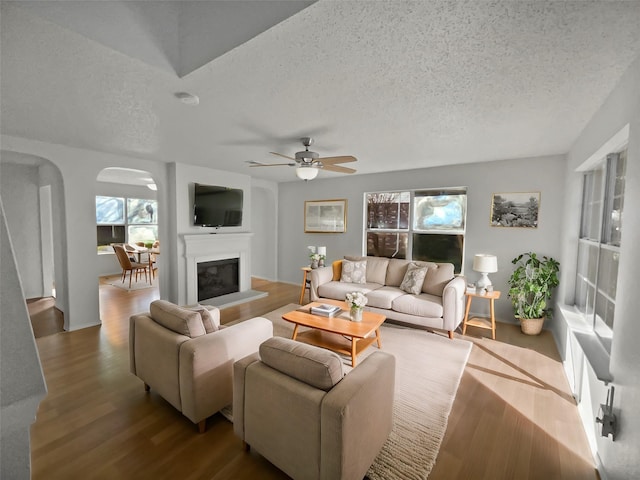 living room with wood-type flooring, ceiling fan, and a textured ceiling