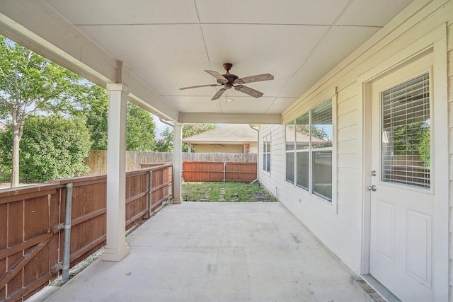 view of patio featuring ceiling fan