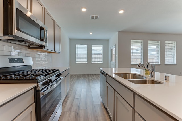 kitchen with sink, appliances with stainless steel finishes, tasteful backsplash, and light hardwood / wood-style floors