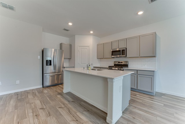 kitchen with a center island with sink, appliances with stainless steel finishes, sink, backsplash, and light hardwood / wood-style flooring