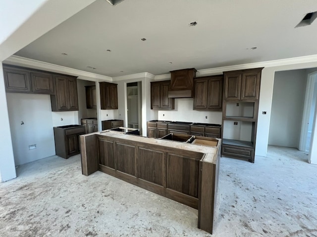 kitchen with ornamental molding, a center island, premium range hood, and dark brown cabinets