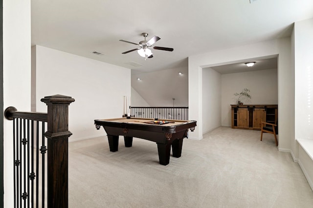 playroom with ceiling fan, light colored carpet, and billiards