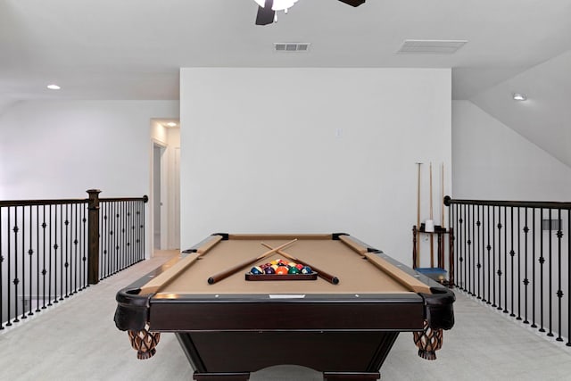 game room with pool table, vaulted ceiling, light colored carpet, and ceiling fan