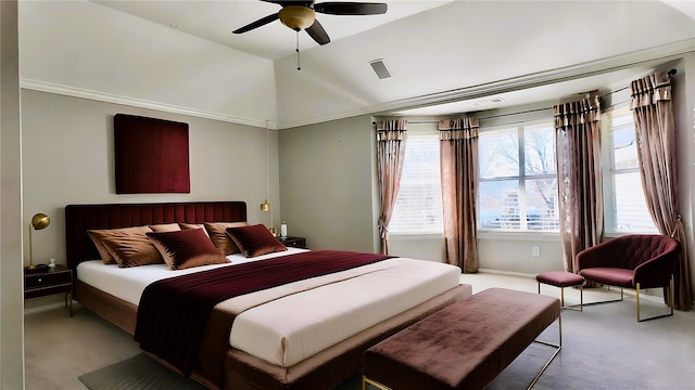 carpeted bedroom featuring lofted ceiling