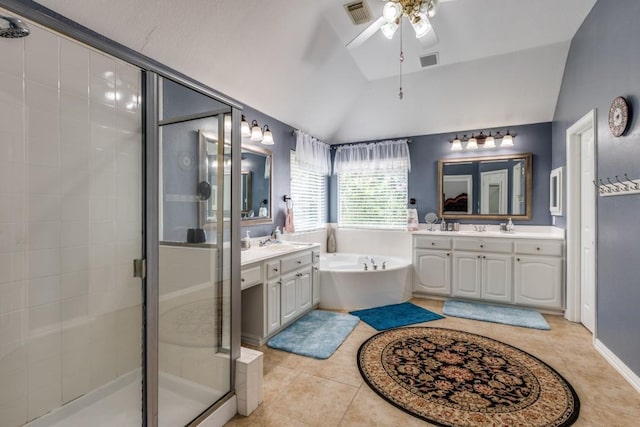 bathroom featuring tile patterned floors, shower with separate bathtub, vaulted ceiling, vanity, and ceiling fan