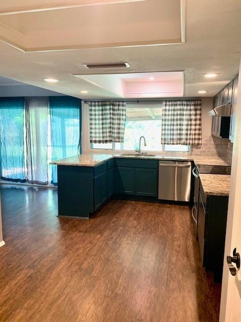 kitchen featuring sink, stainless steel dishwasher, light stone counters, and dark hardwood / wood-style flooring