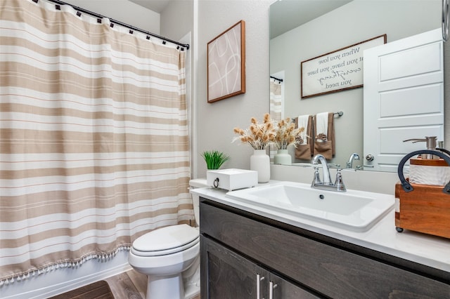 full bathroom with wood-type flooring, toilet, vanity, and shower / tub combo with curtain