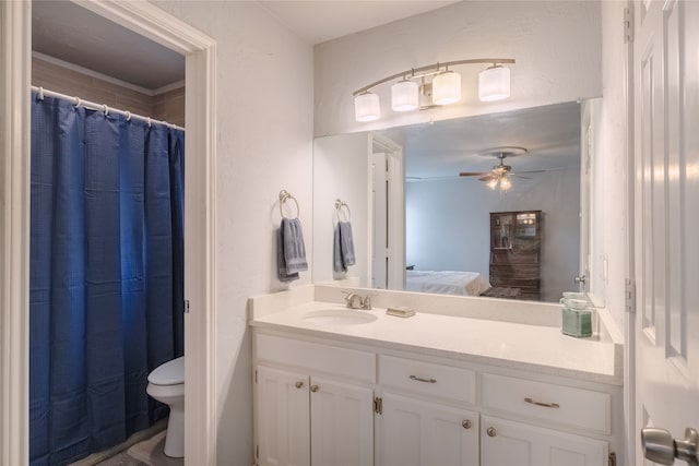 bathroom with ceiling fan, vanity, and toilet