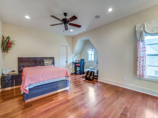 bedroom featuring wood-type flooring and ceiling fan