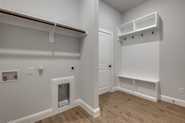 washroom featuring hookup for a gas dryer, hookup for a washing machine, hookup for an electric dryer, and light hardwood / wood-style flooring