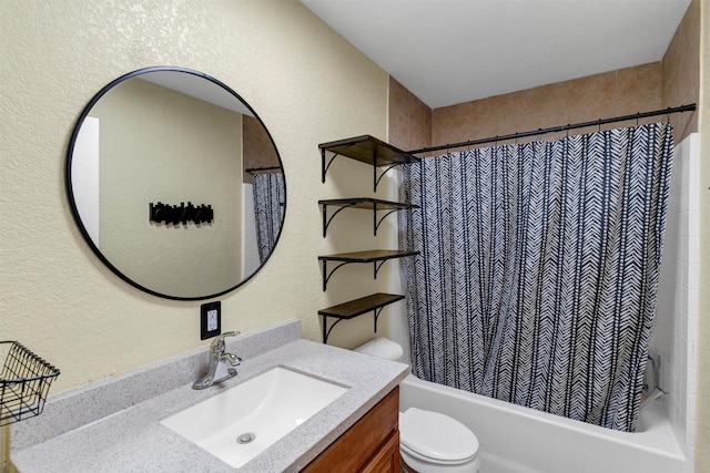 full bathroom with shower / bathtub combination with curtain, vanity, and toilet