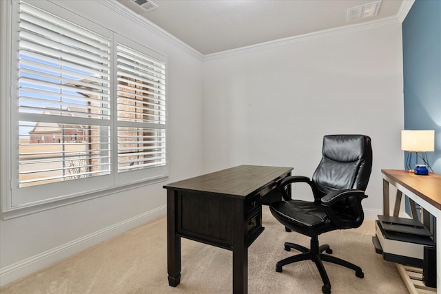 home office with crown molding and light colored carpet