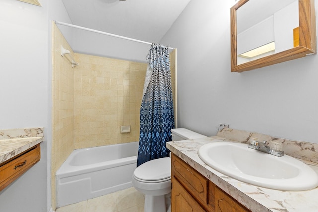 full bathroom featuring vanity, tile patterned flooring, shower / bath combination with curtain, and toilet