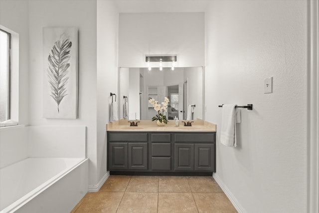 bathroom featuring tile patterned floors, a bath, and vanity