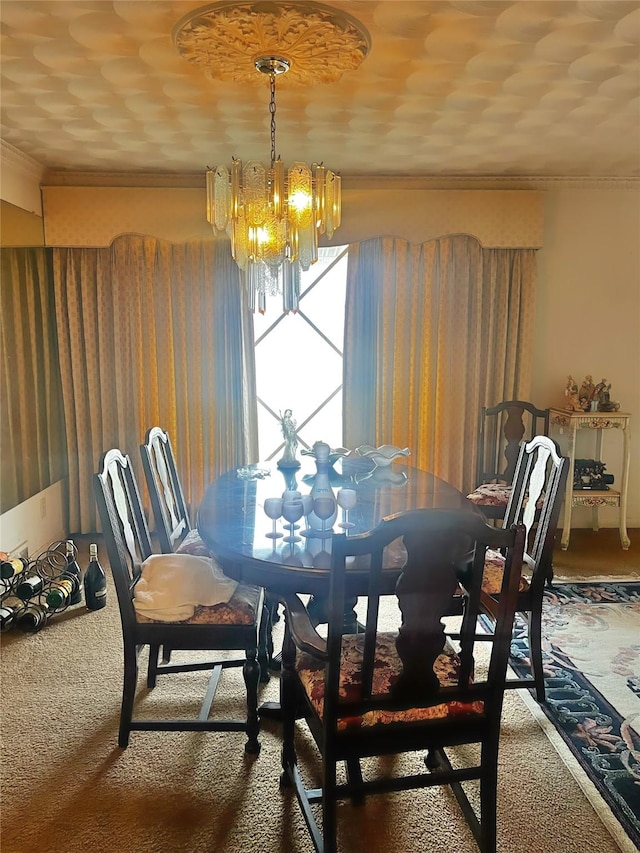 carpeted dining space featuring an inviting chandelier and crown molding