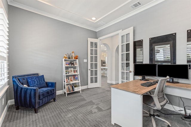 carpeted office featuring ornamental molding and french doors