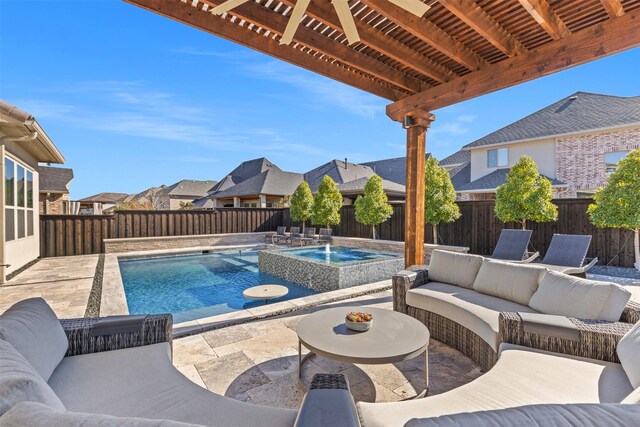 view of swimming pool featuring a pergola, an outdoor hangout area, a patio, and an in ground hot tub