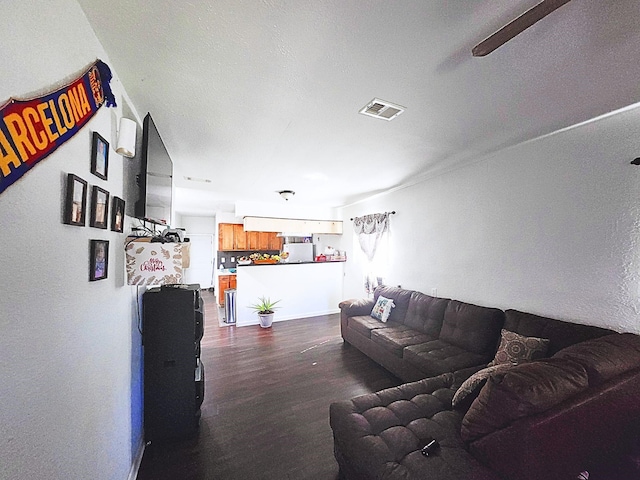 living room with dark hardwood / wood-style flooring