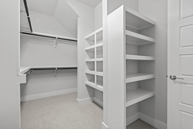 spacious closet featuring light colored carpet