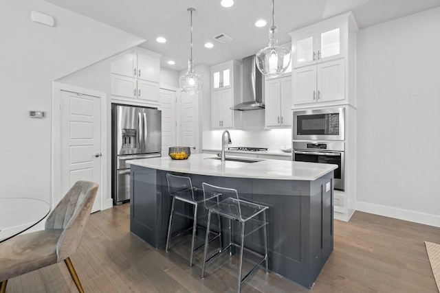 kitchen with white cabinetry, sink, wall chimney range hood, stainless steel appliances, and a center island with sink