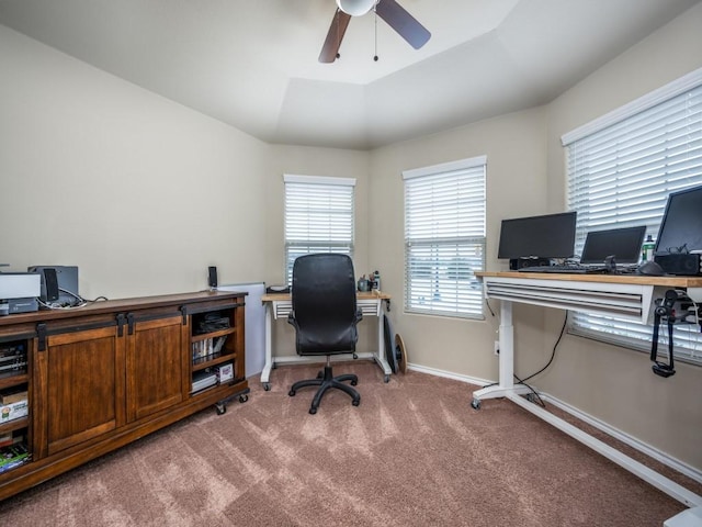 office area with ceiling fan and carpet