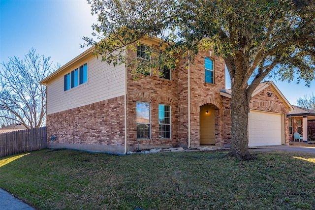 view of front facade with a garage, brick siding, a front lawn, and fence