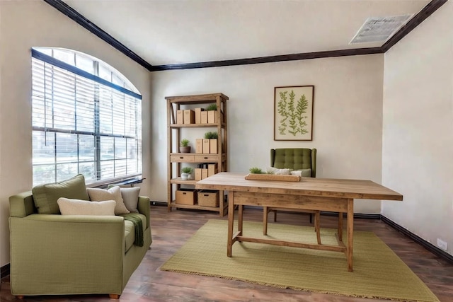 home office featuring crown molding and dark wood-type flooring