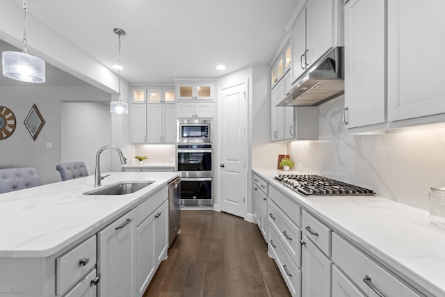 kitchen with dark hardwood / wood-style floors, white cabinetry, sink, hanging light fixtures, and stainless steel appliances