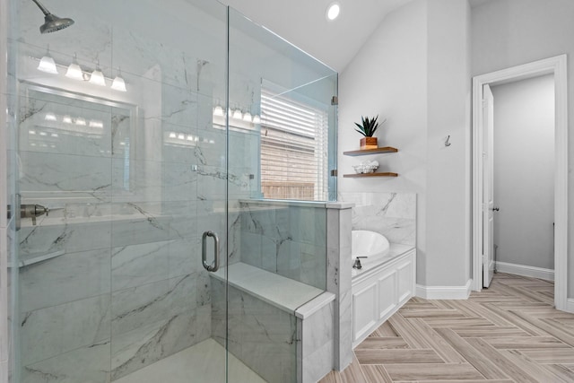 bathroom featuring vaulted ceiling, separate shower and tub, and parquet flooring