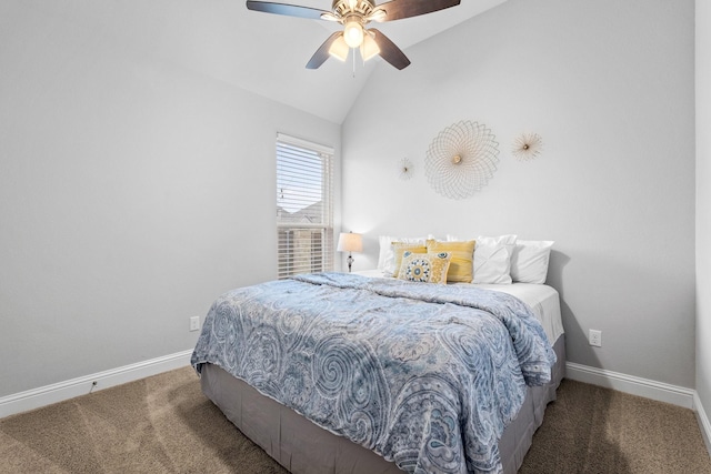 carpeted bedroom with vaulted ceiling and ceiling fan