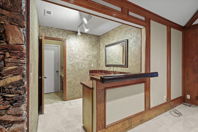 bar with rail lighting and light colored carpet