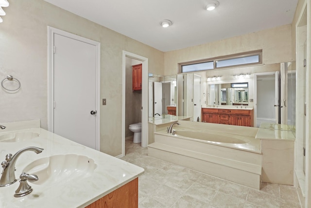 bathroom with vanity, a bath, and toilet