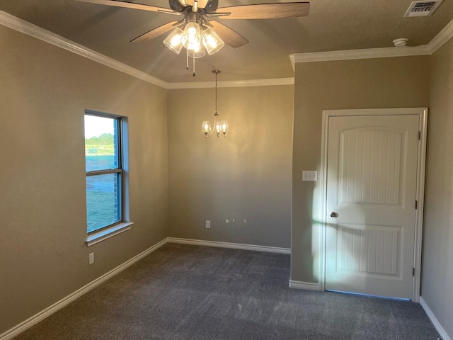 carpeted spare room with crown molding and ceiling fan with notable chandelier