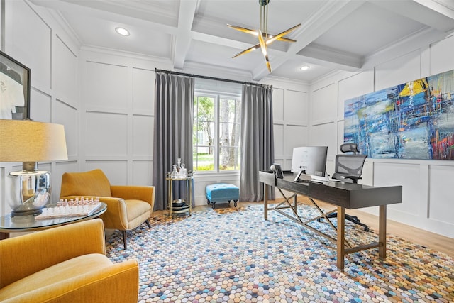 office with ornamental molding, coffered ceiling, hardwood / wood-style floors, and beam ceiling