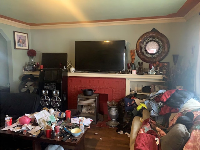 living room with hardwood / wood-style flooring and ornamental molding