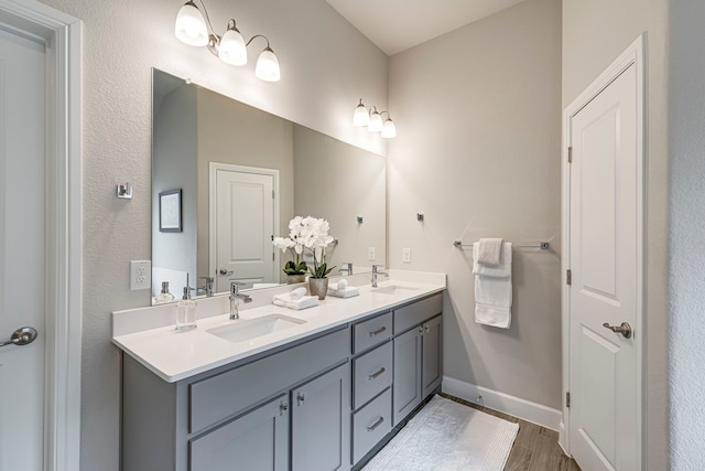 bathroom with a sink, baseboards, wood finished floors, and double vanity