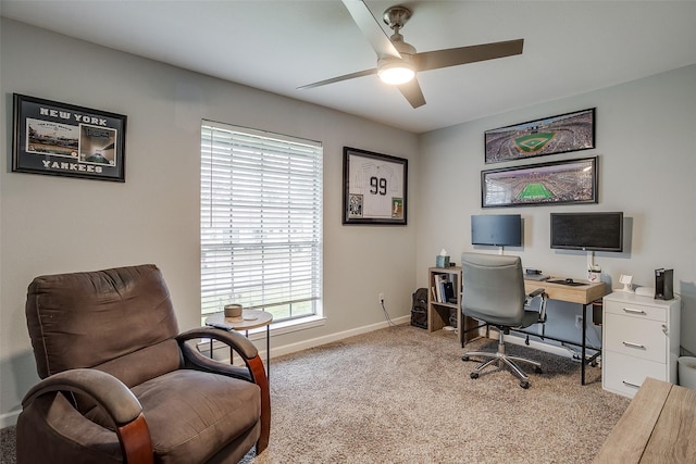 office with light colored carpet and ceiling fan