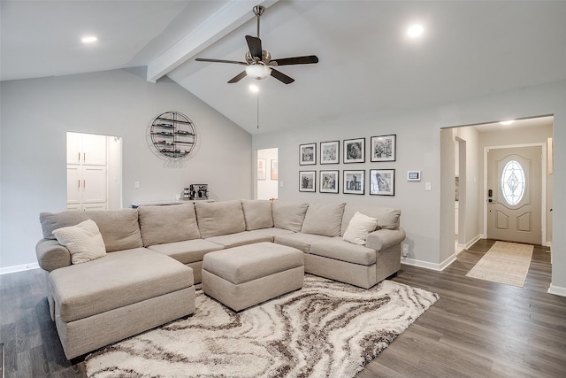 living room featuring lofted ceiling with beams, ceiling fan, and hardwood / wood-style floors