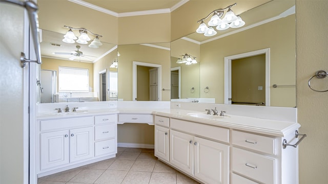 bathroom with tile patterned flooring, vanity, crown molding, and ceiling fan