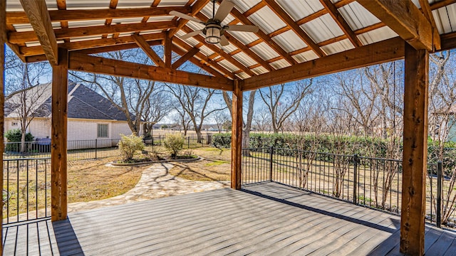 wooden deck featuring a gazebo and ceiling fan