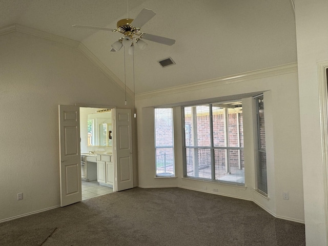 2414 W Stillwater Dr, Mesquite, TX 75181 - unfurnished room featuring a ceiling fan, light carpet, high vaulted ceiling, and ornamental molding