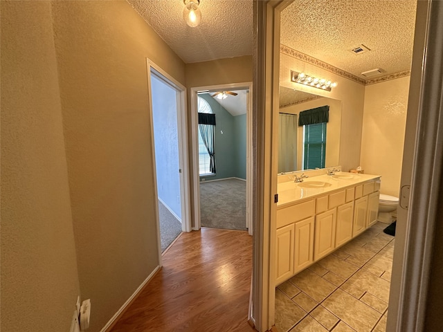 corridor featuring lofted ceiling, sink, a textured ceiling, and light wood-type flooring