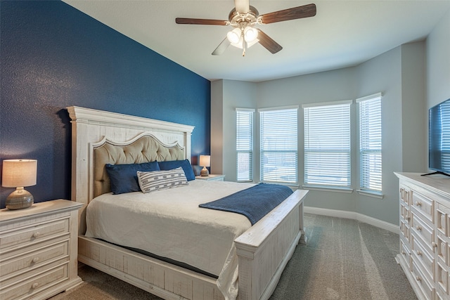 bedroom featuring ceiling fan and carpet