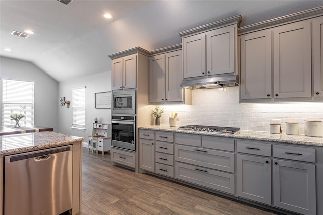 kitchen featuring gray cabinets, vaulted ceiling, appliances with stainless steel finishes, and dark hardwood / wood-style flooring