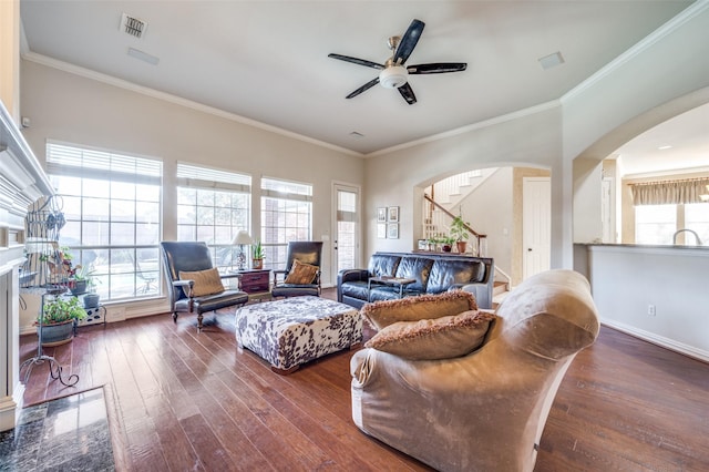 living room with crown molding, plenty of natural light, and dark hardwood / wood-style flooring